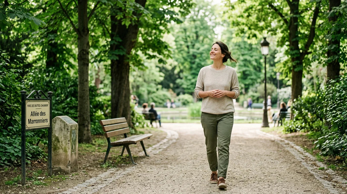 Femme européenne marchant sereinement dans un parc verdoyant le matin