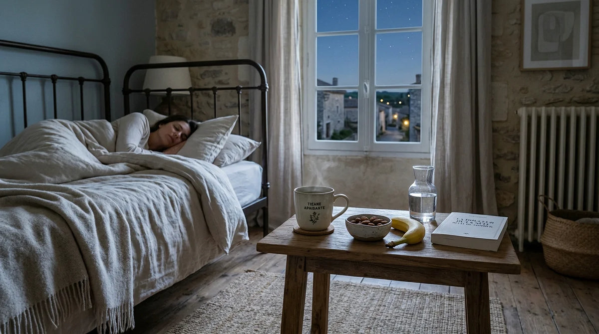 Table de chevet avec une boisson apaisante et des aliments favorables au sommeil