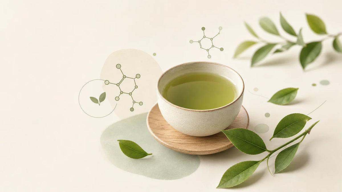 Tasse de thé vert entourée de feuilles fraîches dans une composition naturelle
