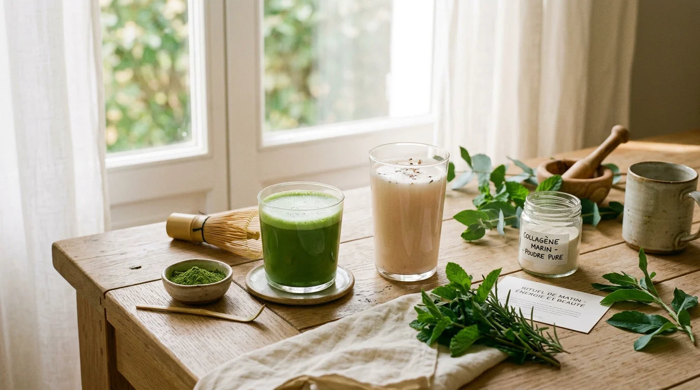 Boissons bien-être premium posées sur une table en bois clair au petit matin