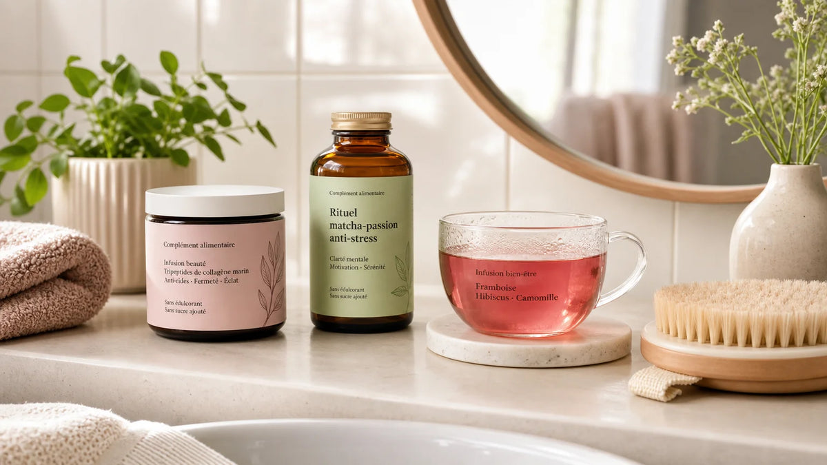 Produits de beauté et infusion bien-être disposés dans une salle de bain lumineuse