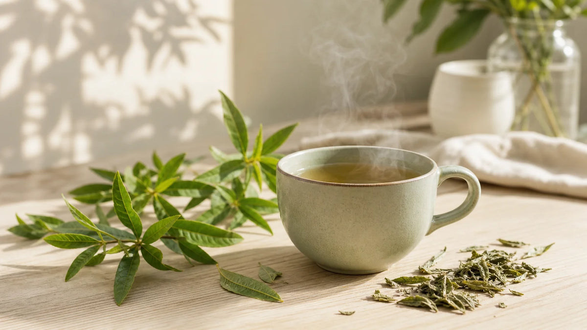 Tasse d’infusion de verveine entourée de feuilles fraîches et séchées