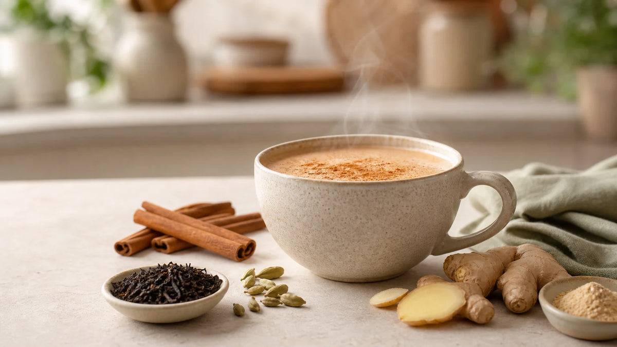 Tasse de chai latte maison entourée d’épices