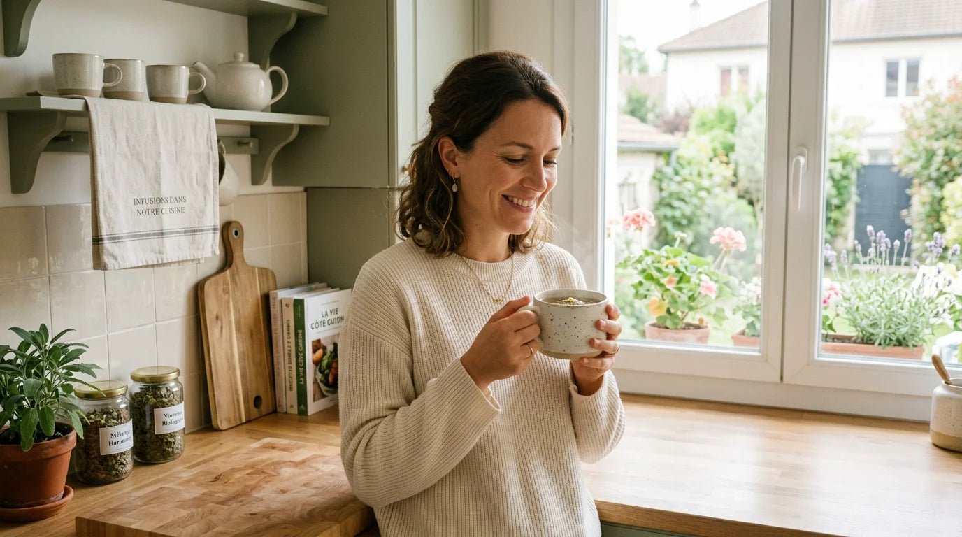 Femme européenne buvant une infusion beauté au collagène le matin