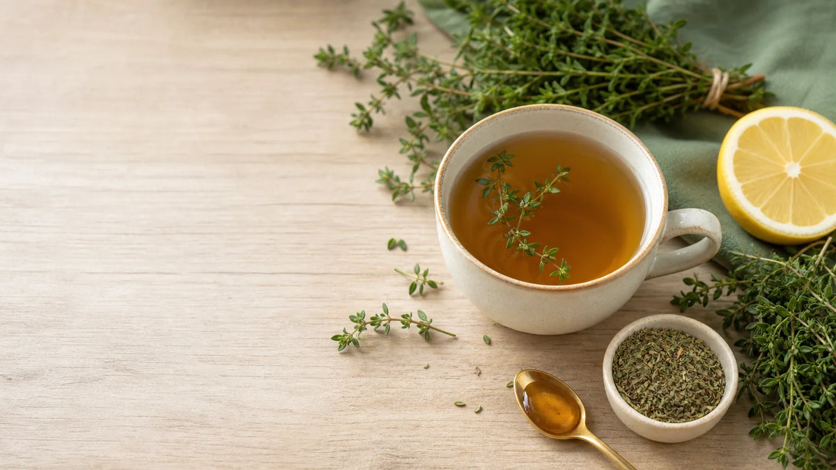 Tasse de tisane de thym entourée de brins de thym, citron et miel.