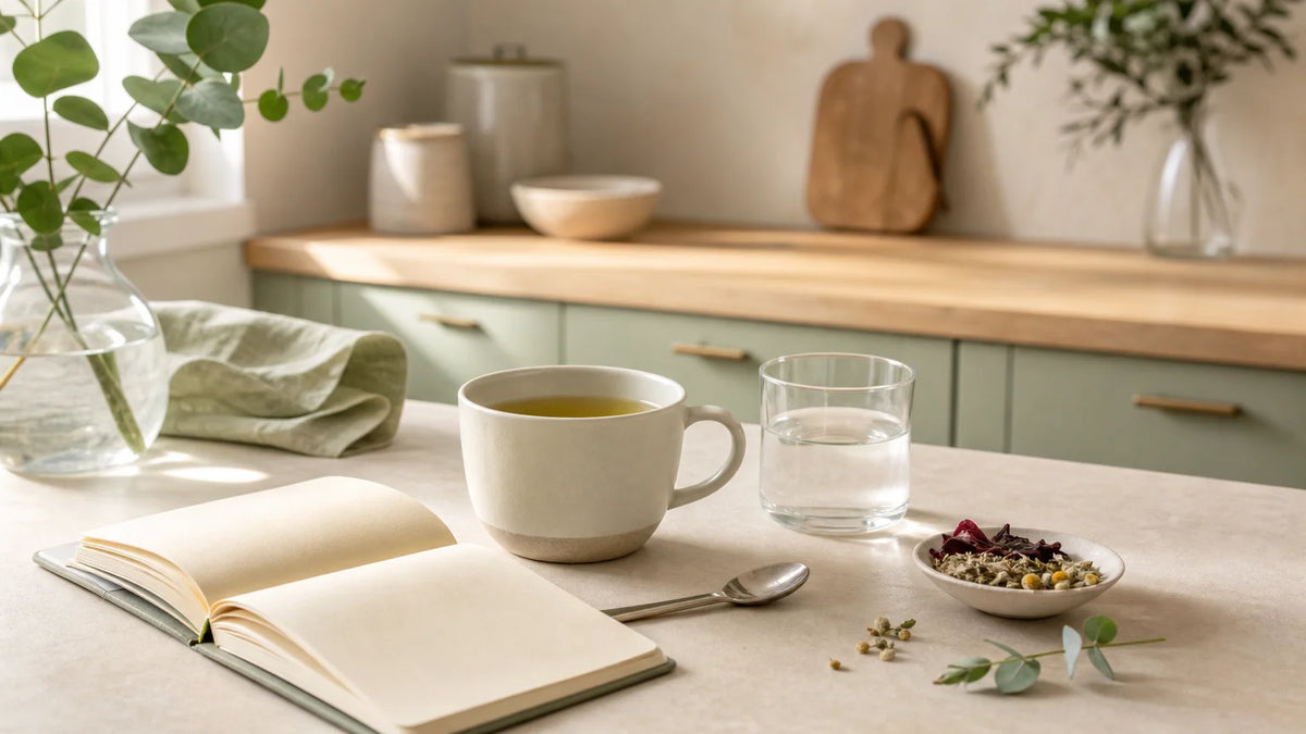 Rituel matinal avec une boisson chaude et les accessoires d’une routine de complément alimentaire