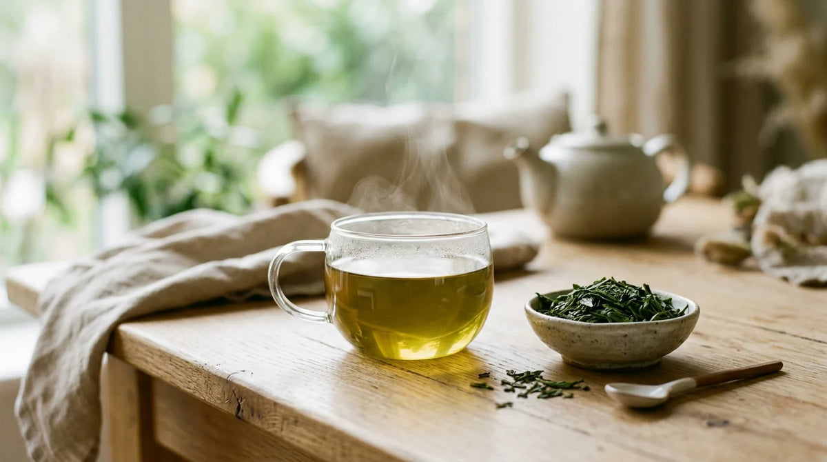 Tasse de thé vert fumante posée près de feuilles de thé fraîches