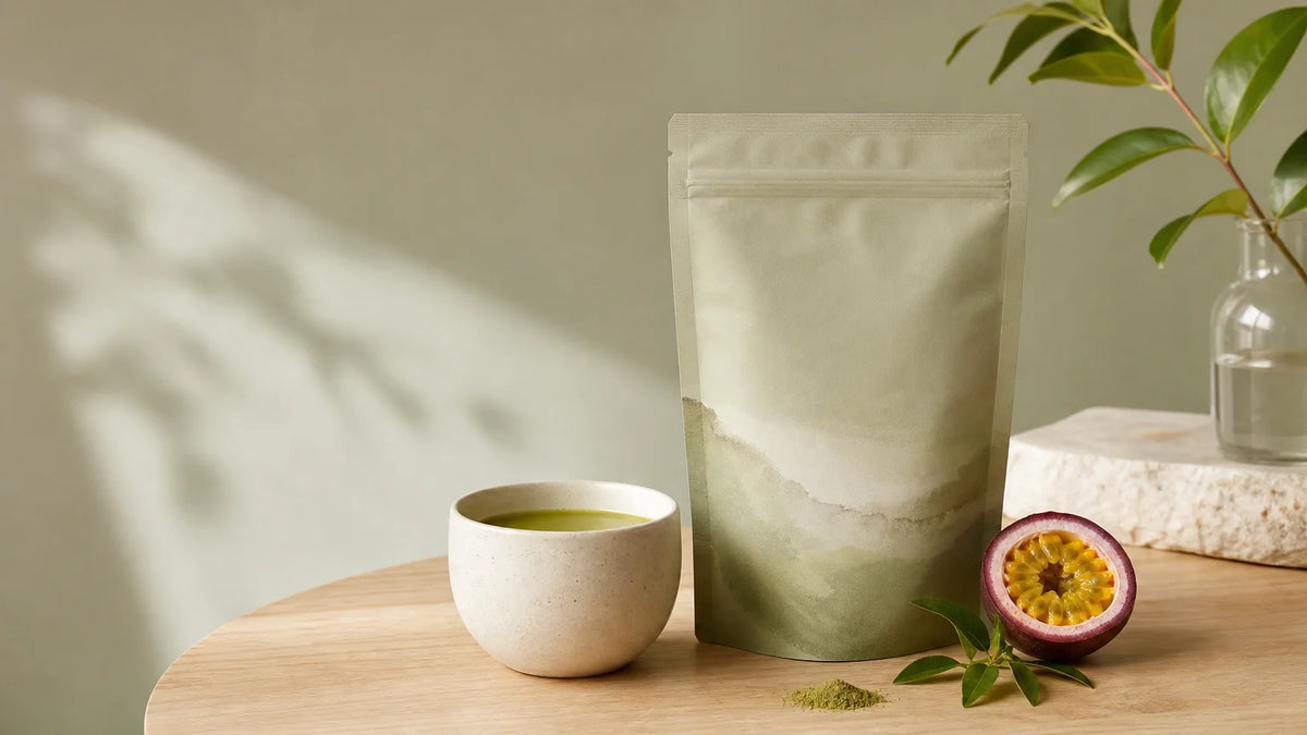 Rituel de complément alimentaire à boire inspiré du matcha et du fruit de la passion, présenté avec une tasse dans une ambiance naturelle.