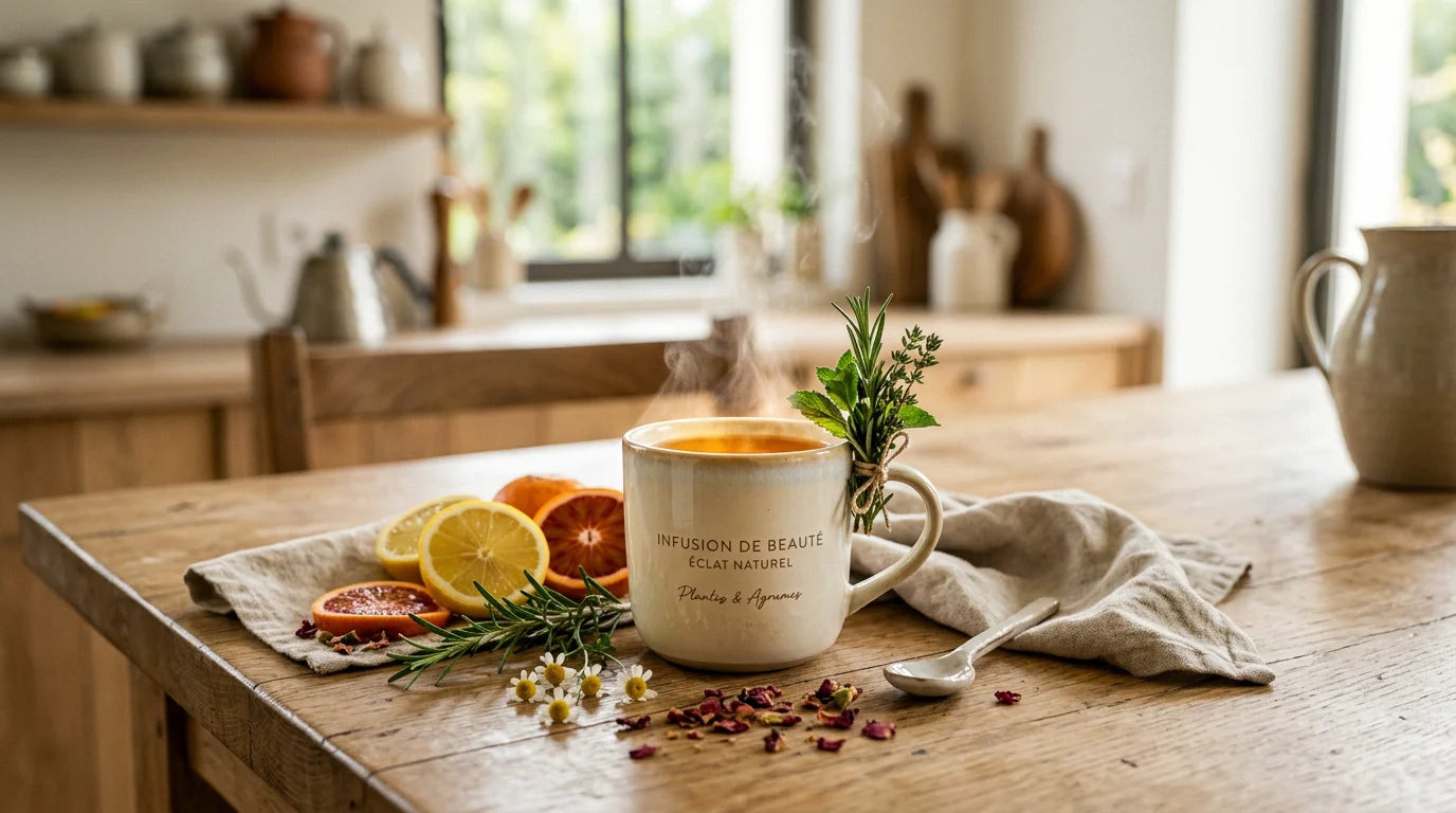 Tasse d'infusion beauté au collagène entourée d'ingrédients naturels