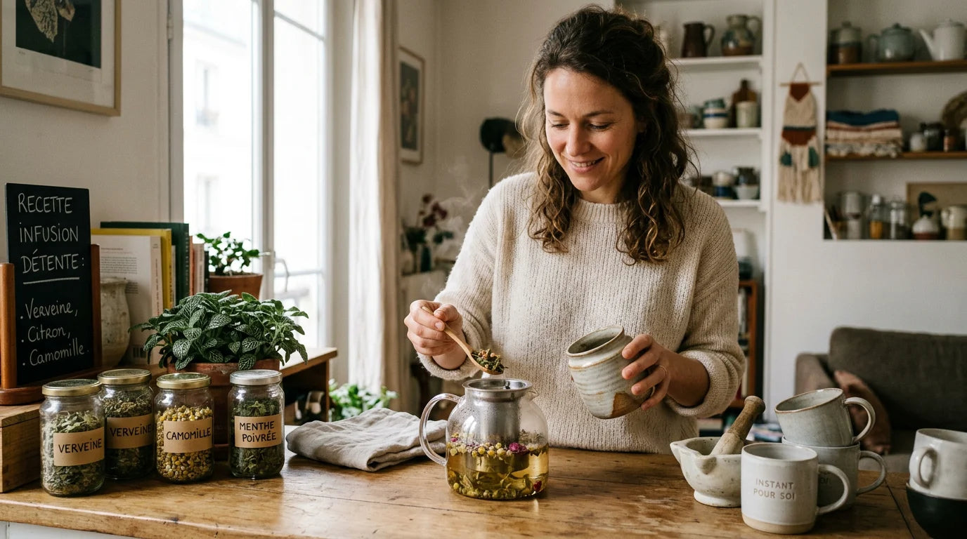 Femme européenne préparant une infusion bien-être à domicile dans une ambiance apaisante