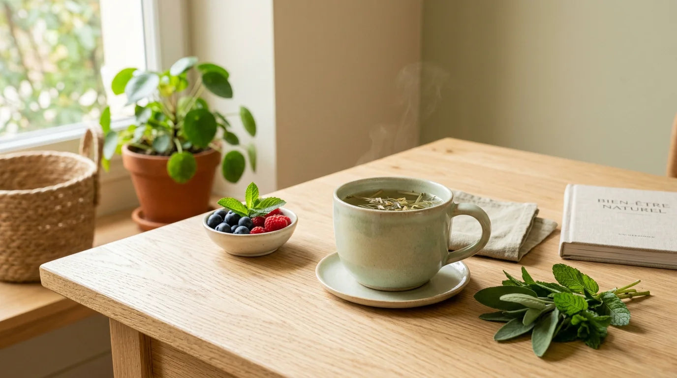 Infusion bien-être végétale servie dans une ambiance naturelle et lumineuse