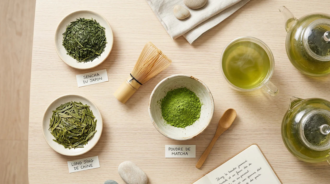 Différents types de thé vert présentés en vue de dessus : sencha, matcha et long jing