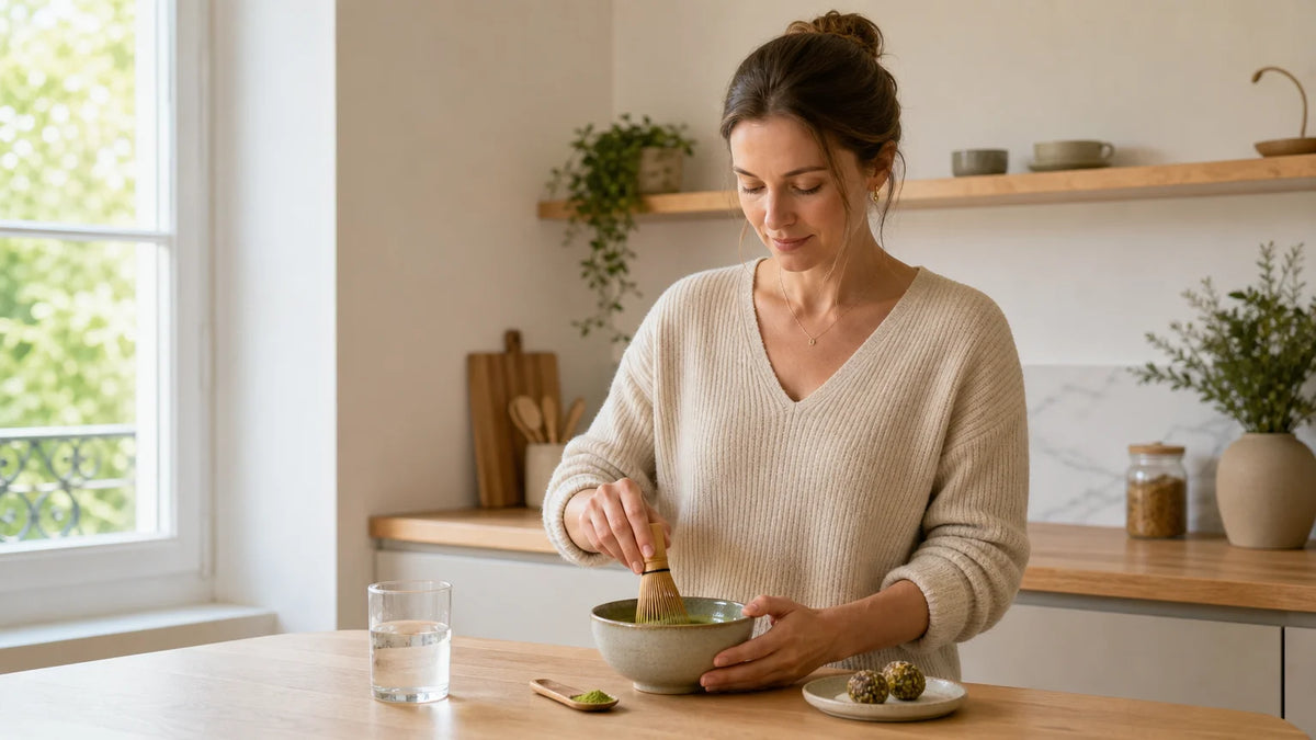 Femme européenne préparant un matcha dans une cuisine lumineuse