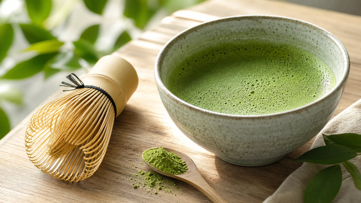 Bol de thé matcha vert vif fouetté avec un fouet en bambou