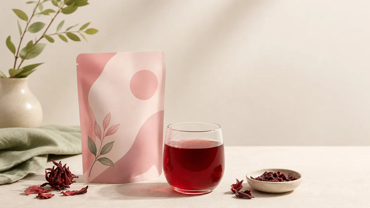 Infusion rouge d’hibiscus avec calices séchés et sachet de complément à boire inspiré de Glow Flow.