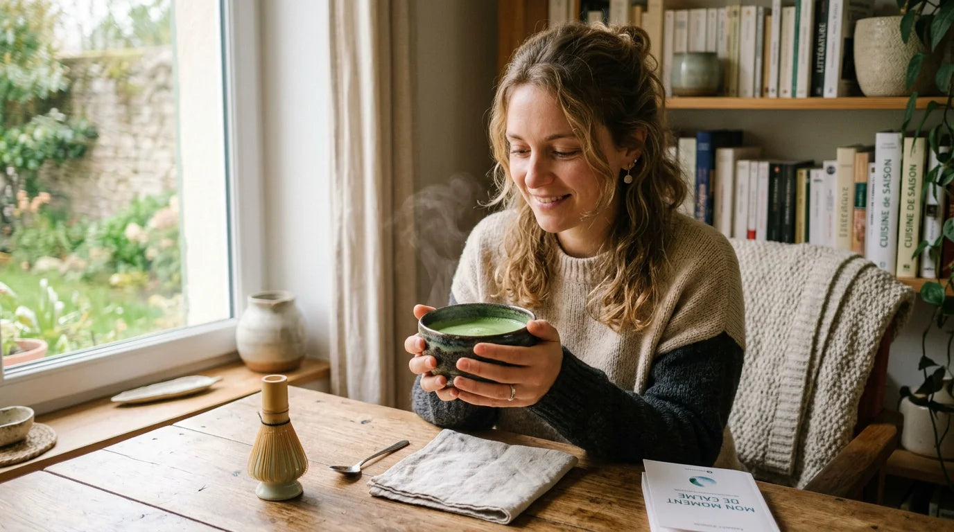 Personne tenant un bol de matcha vert vif dans une ambiance chaleureuse