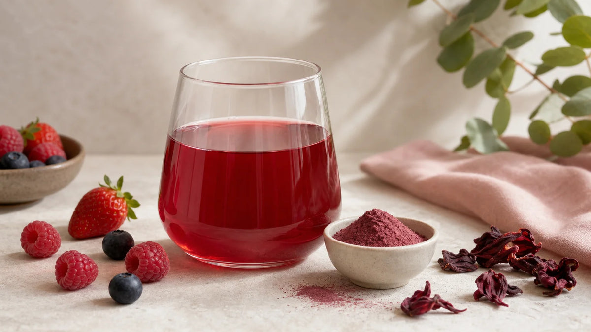 Infusion beauté rubis à base d’hibiscus et de fruits rouges avec poudre d’accompagnement