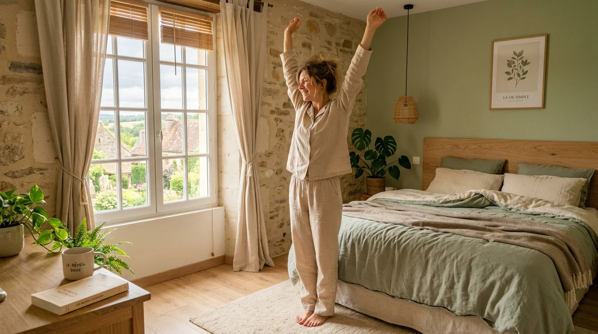 Femme européenne pleine d'énergie s'étirant à la lumière du matin près d'une fenêtre