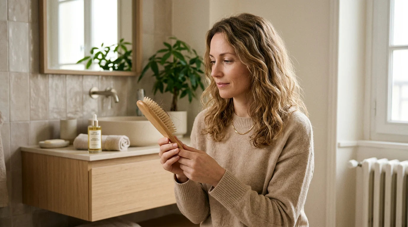 Personne européenne observant sereinement une brosse à cheveux