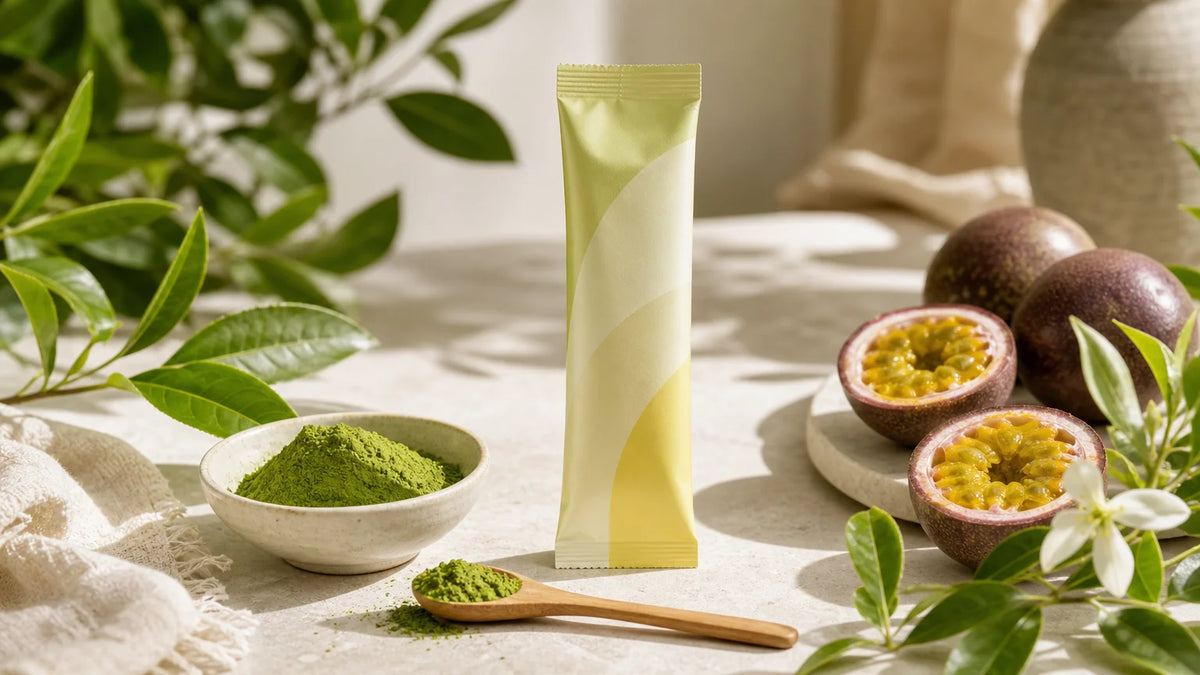 Sachet Focus Flow accompagné de poudre de matcha et de fruits de la passion