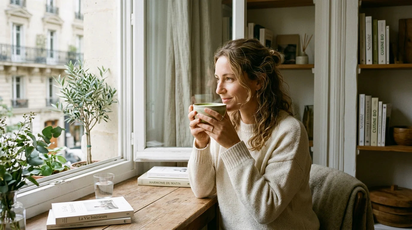 Femme européenne apaisée buvant un matcha près d'une fenêtre, illustrant un rituel bien-être anti-stress