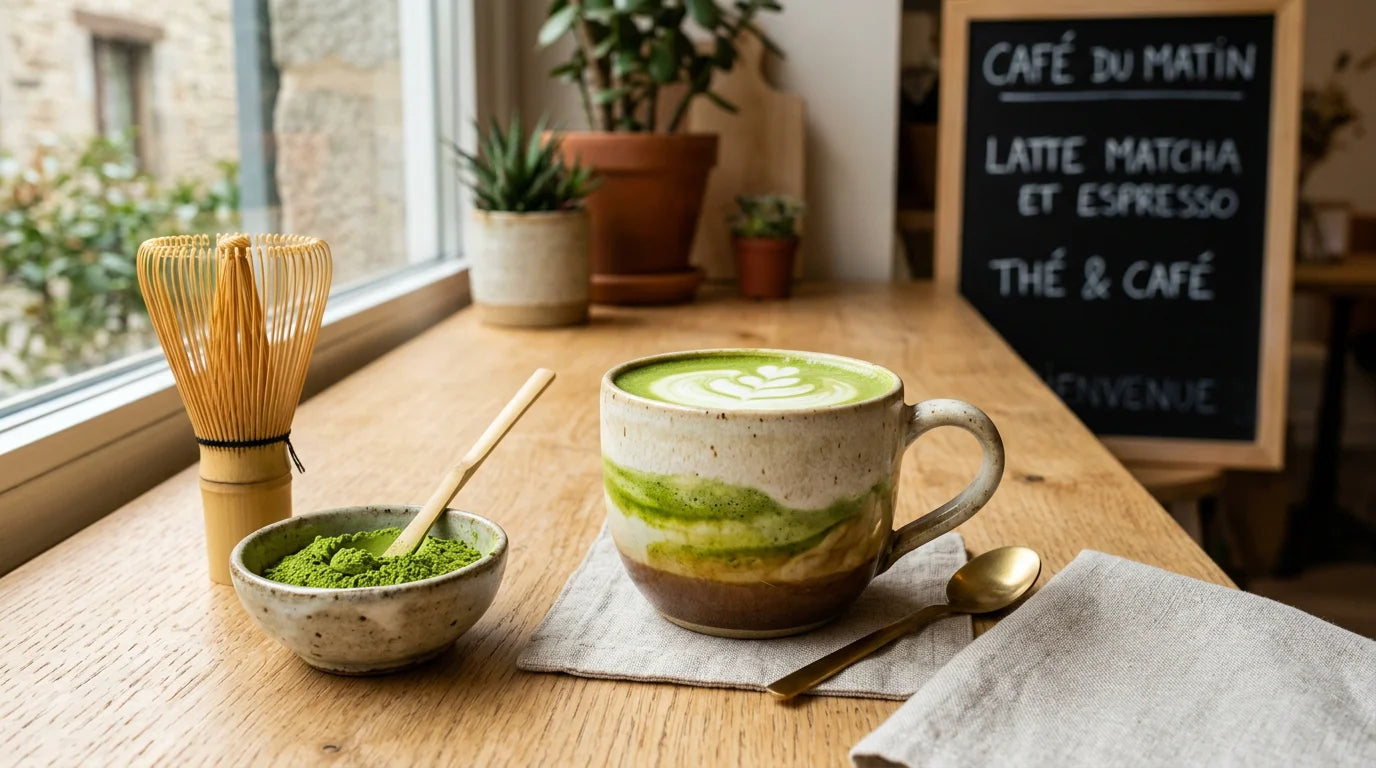 Latte matcha café chaud dans une tasse en céramique avec fouet en bambou