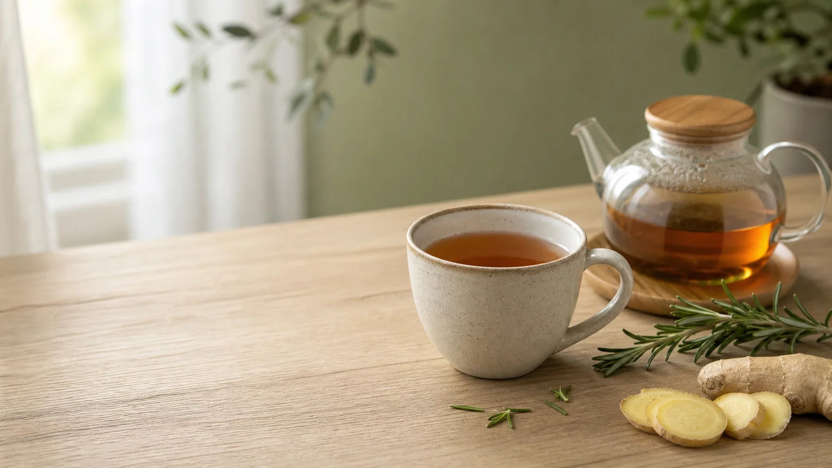 Tasse d’infusion aux plantes avec romarin et gingembre sur une table claire