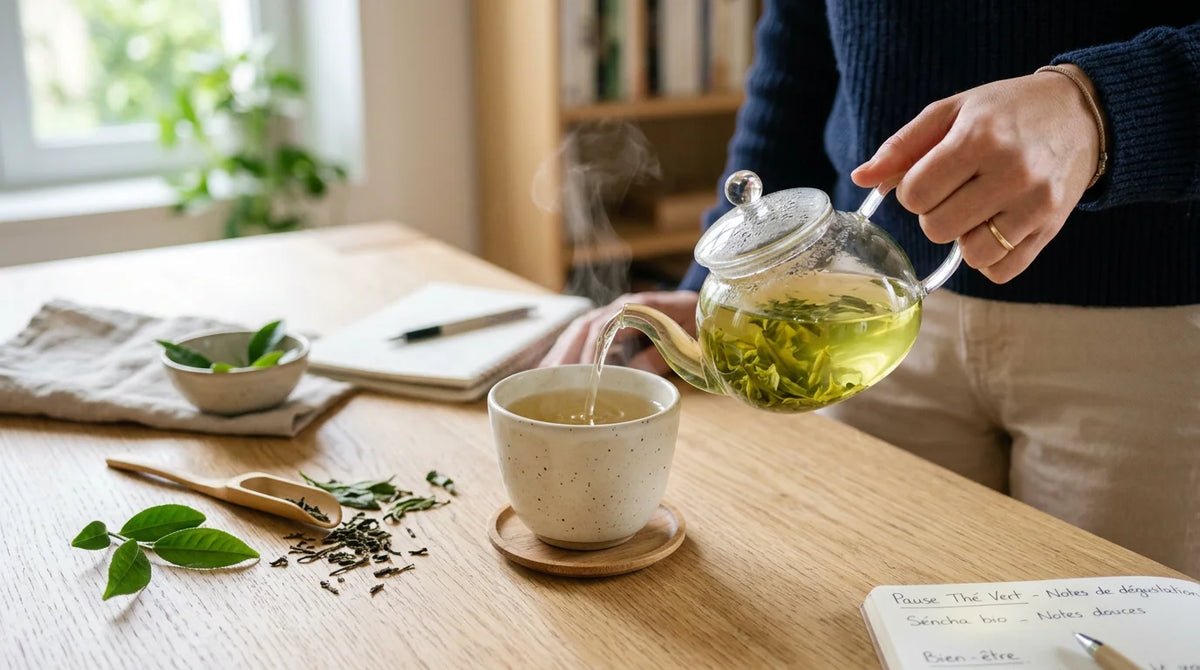 Tasse de thé vert fumant servie à partir d'une théière en verre