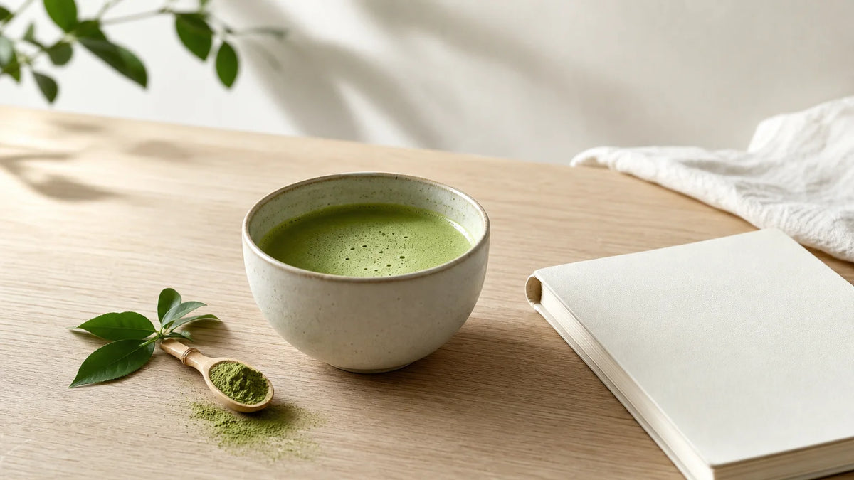 Bol de matcha vert avec poudre et feuilles de thé sur une table claire